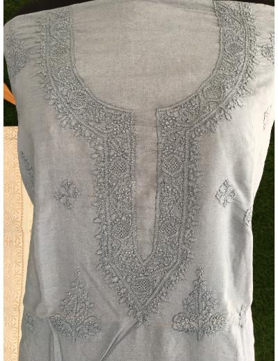 Chhangamal Hand Embroidered Grey Colour Mul Chanderi Chikankari Kurta Dupatta Piece