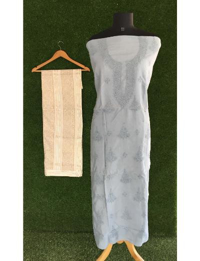 Chhangamal Hand Embroidered Grey Colour Mul Chanderi Chikankari Kurta Dupatta Piece
