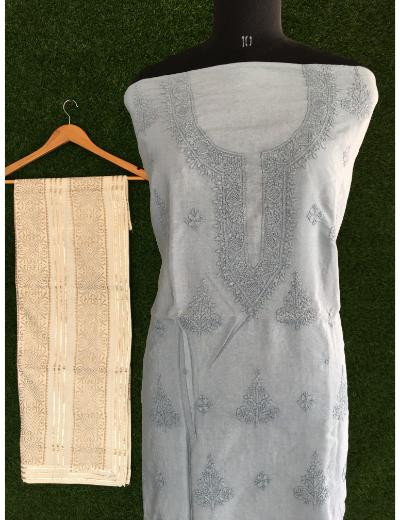 Chhangamal Hand Embroidered Grey Colour Mul Chanderi Chikankari Kurta Dupatta Piece