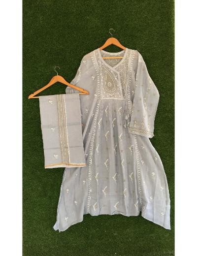 Chhangamal Hand Embroidered Grey Colour Mul-chanderi Chikankari Kurta Dupatta Piece