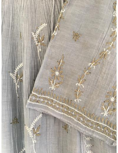 Chhangamal Hand Embroidered Grey Colour Mul-chanderi Chikankari Kurta Dupatta Piece