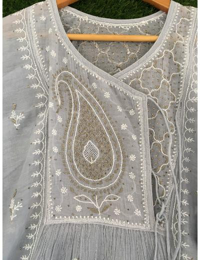 Chhangamal Hand Embroidered Grey Colour Mul-chanderi Chikankari Kurta Dupatta Piece