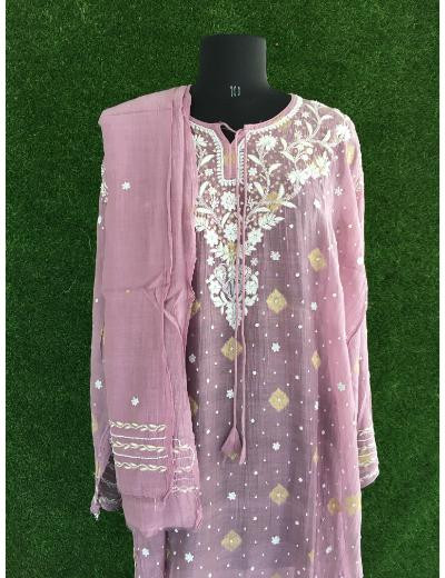 Chhangamal Hand Embroidered Grey Colour Mul Chanderi Kurta Dupatta Piece