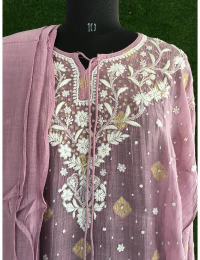 Chhangamal Hand Embroidered Grey Colour Mul Chanderi Kurta Dupatta Piece