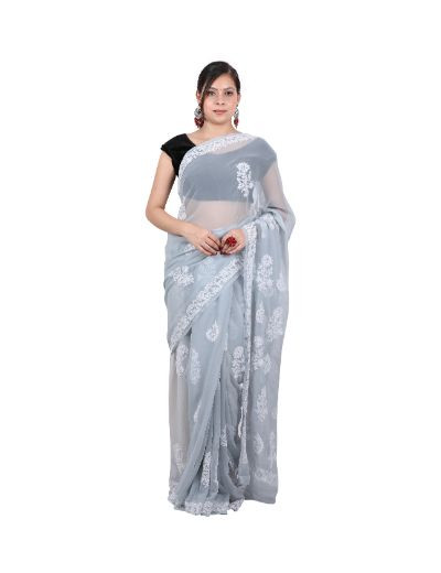 Chhangamal Hand Embroidered Grey Georgette Chikankari Saree