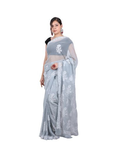 Chhangamal Hand Embroidered Grey Georgette Chikankari Saree