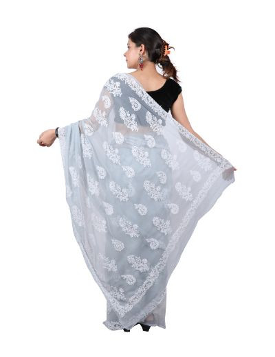 Chhangamal Hand Embroidered Grey Georgette Chikankari Saree