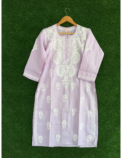 Chhangamal Hand Embroidered Lavender Colour Cotton Chikankari Kurti
