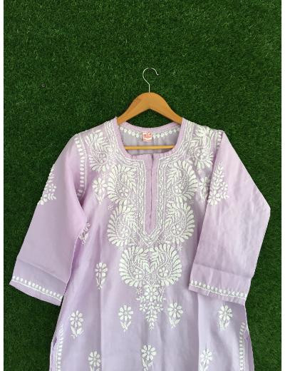Chhangamal Hand Embroidered Lavender Colour Cotton Chikankari Kurti