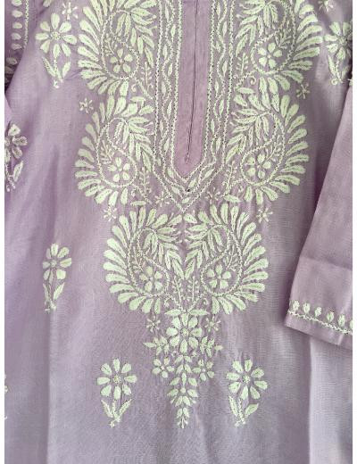 Chhangamal Hand Embroidered Lavender Colour Cotton Chikankari Kurti