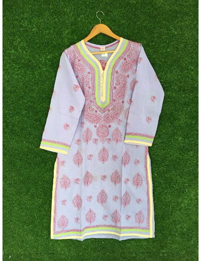 Chhangamal Hand Embroidered Lavender Colour Cotton Chikankari Kurti