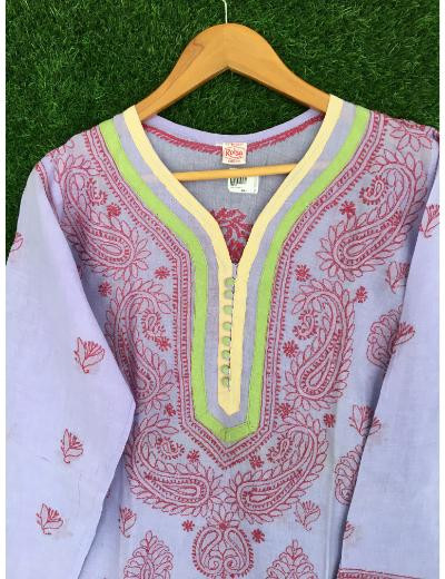 Chhangamal Hand Embroidered Lavender Colour Cotton Chikankari Kurti