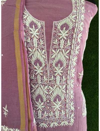 Chhangamal Hand Embroidered Lavender Colour Mul Chanderi Chikankari Suit Piece