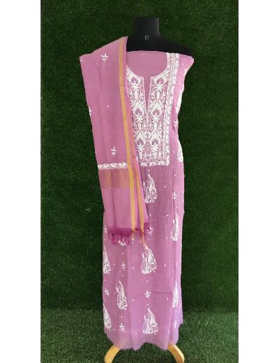 Chhangamal Hand Embroidered Lavender Colour Mul Chanderi Chikankari Suit Piece
