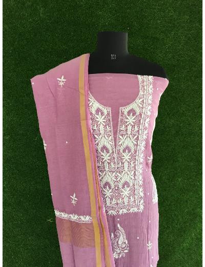 Chhangamal Hand Embroidered Lavender Colour Mul Chanderi Chikankari Suit Piece