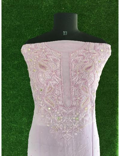 Chhangamal Hand Embroidered Lavender Colour Pure Georgette Chikankari Kurta  Piece