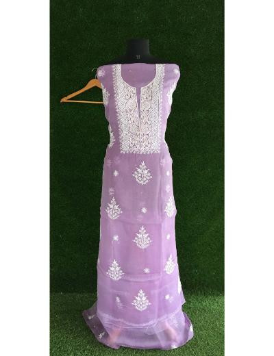 Chhangamal Hand Embroidered Lavender Colour Pure Organza Chikankari Kurta Dupatta Piece