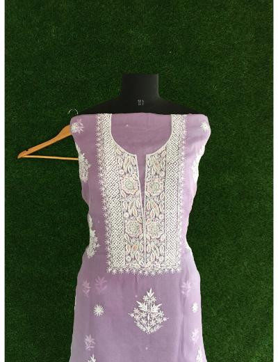 Chhangamal Hand Embroidered Lavender Colour Pure Organza Chikankari Kurta Dupatta Piece