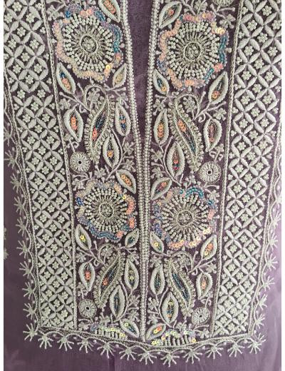 Chhangamal Hand Embroidered Lavender Colour Pure Organza Chikankari Kurta Dupatta Piece
