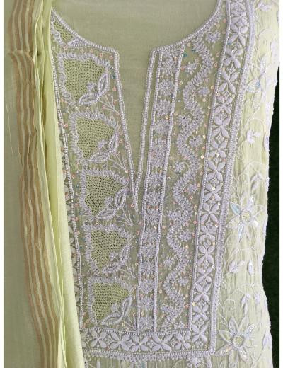 Chhangamal Hand Embroidered Lemon  Yellow Colour Mul Chanderi Chikankari Suit Piece