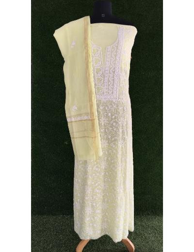 Chhangamal Hand Embroidered Lemon  Yellow Colour Mul Chanderi Chikankari Suit Piece