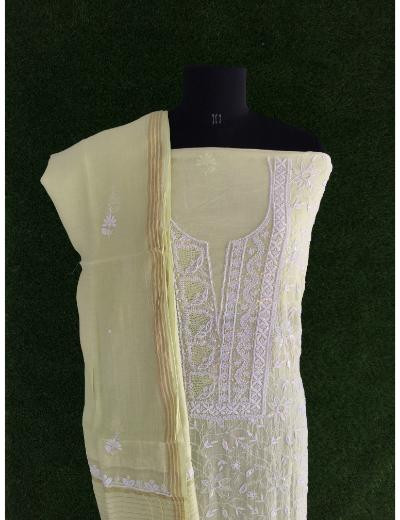 Chhangamal Hand Embroidered Lemon  Yellow Colour Mul Chanderi Chikankari Suit Piece