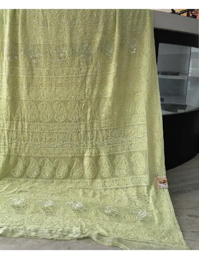 Chhangamal Hand Embroidered Lemon Green Colour Pure Georgette Chikankari Saree