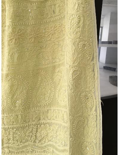 Chhangamal Hand Embroidered Lemon Green Colour Pure Georgette Chikankari Saree