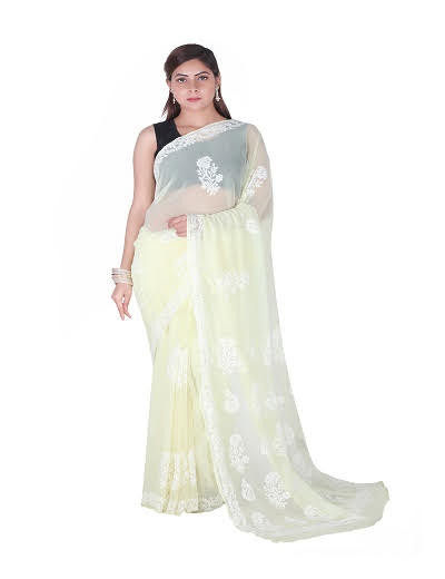 Chhangamal Hand Embroidered Lemon Yellow Chikankari Faux Georgette Saree