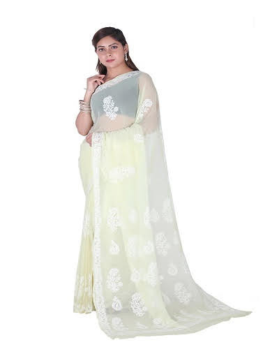 Chhangamal Hand Embroidered Lemon Yellow Chikankari Faux Georgette Saree