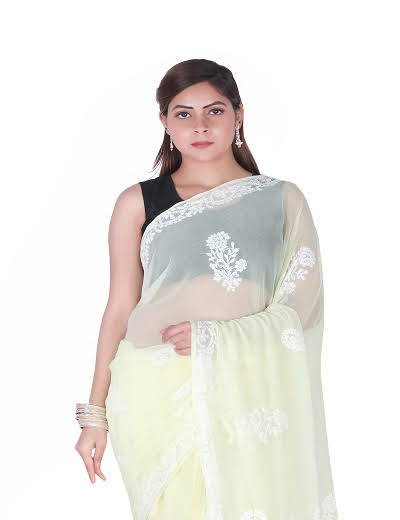 Chhangamal Hand Embroidered Lemon Yellow Chikankari Faux Georgette Saree