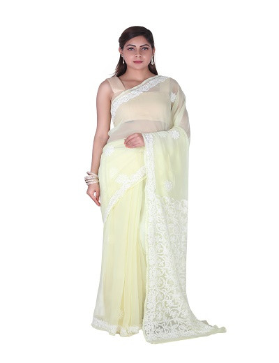 Chhangamal Hand Embroidered Lemon Yellow Chikankari Faux Georgette Saree