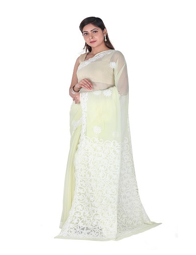 Chhangamal Hand Embroidered Lemon Yellow Chikankari Faux Georgette Saree