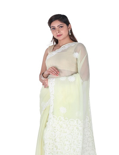Chhangamal Hand Embroidered Lemon Yellow Chikankari Faux Georgette Saree