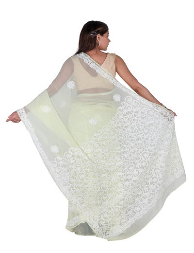 Chhangamal Hand Embroidered Lemon Yellow Chikankari Faux Georgette Saree