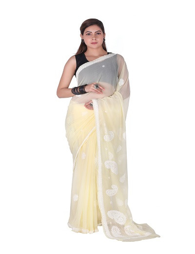 Chhangamal Hand Embroidered Lemon Yellow Chikankari Faux Georgette Saree