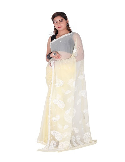 Chhangamal Hand Embroidered Lemon Yellow Chikankari Faux Georgette Saree