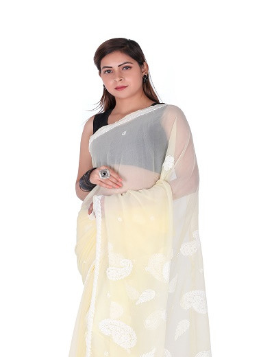 Chhangamal Hand Embroidered Lemon Yellow Chikankari Faux Georgette Saree