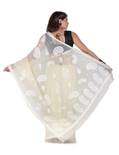 Chhangamal Hand Embroidered Lemon Yellow Chikankari Faux Georgette Saree