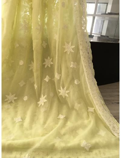 Chhangamal Hand Embroidered Lemon Yellow Colour Georgette Chikankari Saree