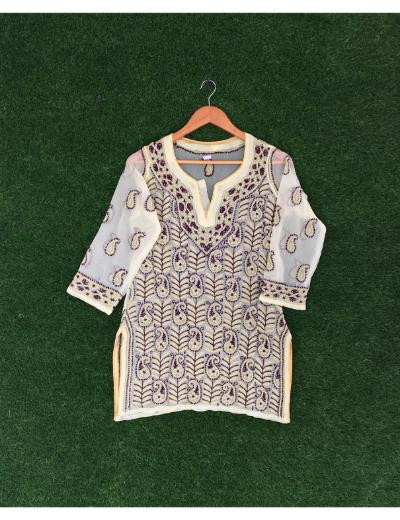 Chhangamal Hand Embroidered Lemon Yellow Colour Georgette Chikankari Top