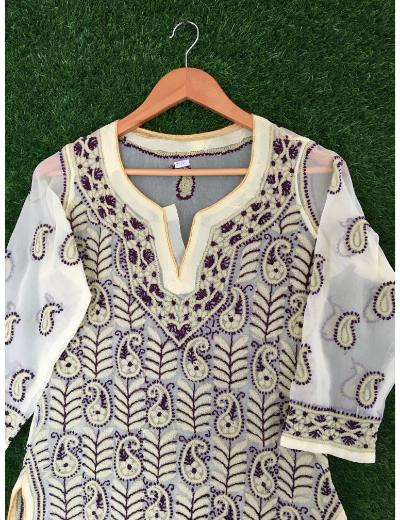 Chhangamal Hand Embroidered Lemon Yellow Colour Georgette Chikankari Top