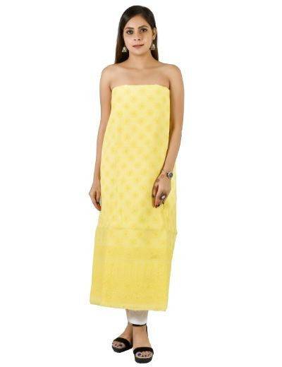 Chhangamal Hand Embroidered Lemon Yellow Cotton Blend Chikankari Suitlength