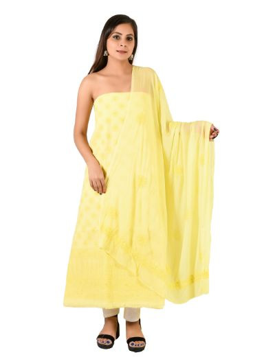 Chhangamal Hand Embroidered Lemon Yellow Cotton Blend Chikankari Suitlength
