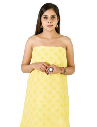 Chhangamal Hand Embroidered Lemon Yellow Cotton Blend Chikankari Suitlength