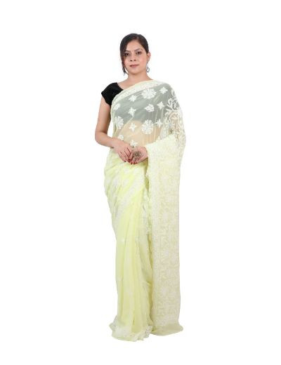 Chhangamal Hand Embroidered Lemon Yellow Georgette Half Jaal Chikankari Saree