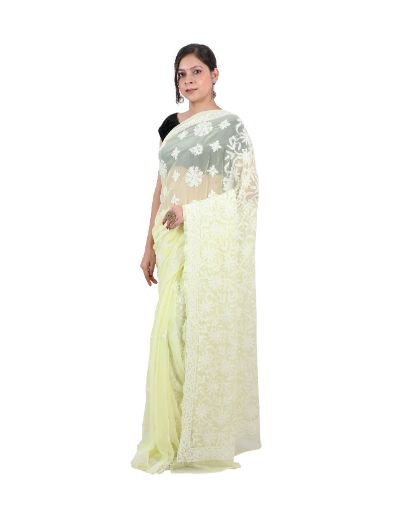 Chhangamal Hand Embroidered Lemon Yellow Georgette Half Jaal Chikankari Saree