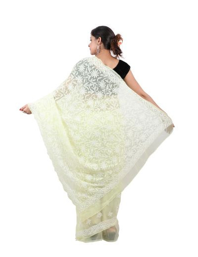 Chhangamal Hand Embroidered Lemon Yellow Georgette Half Jaal Chikankari Saree
