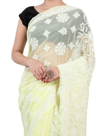 Chhangamal Hand Embroidered Lemon Yellow Georgette Half Jaal Chikankari Saree
