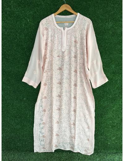 Chhangamal Hand Embroidered Light Beige Colour Pure Georgette Chikankari  Kurti